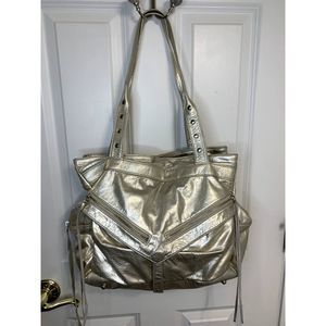 Botkier Metallic White Gold Leather Trigger Satchel Purse Shoulder Bag - EUC